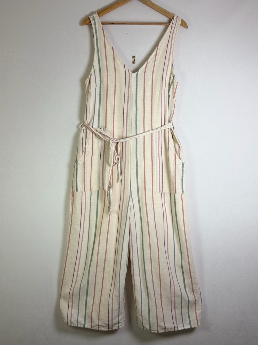 American Eagle Women’s Sz M Striped Cotton Linen Wide Leg Jumpsuit Boho Coastal - Picture 2 of 11